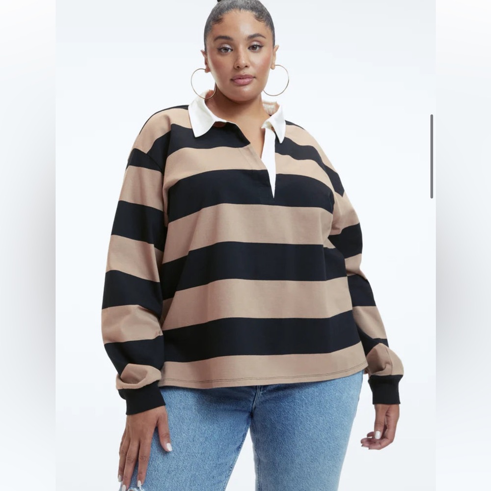 Good American Black and Tan Striped Rugby Polo